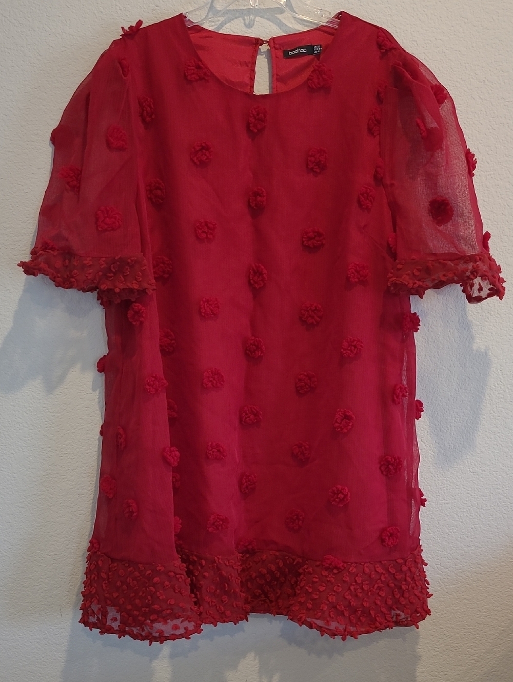 Boohoo Red Pom-Pom Sheer Lightweight Dress Size 18